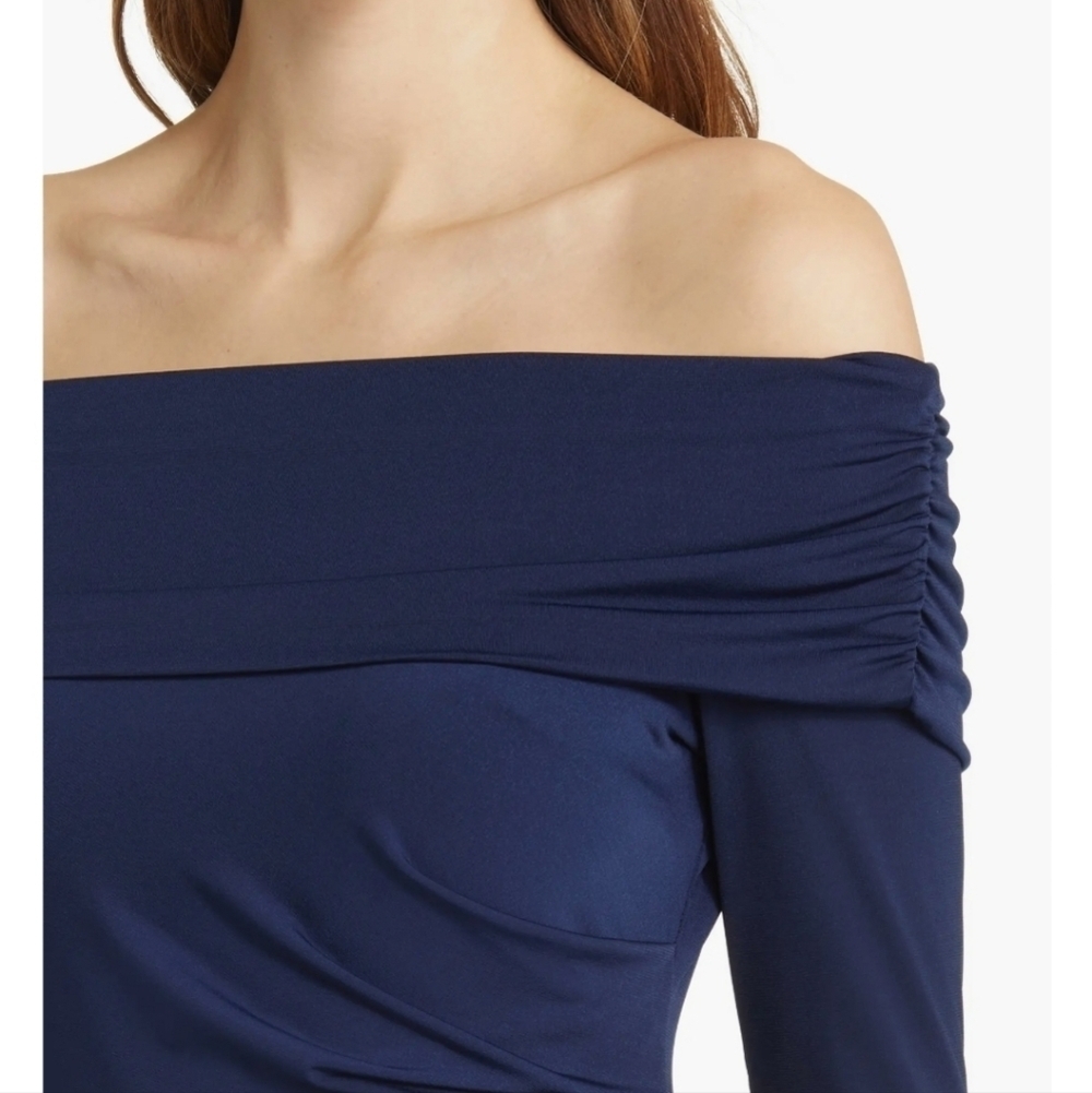 Sam Edelman Off the Shoulder Long Sleeve Midi Body-Con Dress Women's Size 6 Navy - Picture 13 of 13